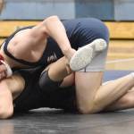 Soldotnas Jacob Strausbaugh gets a technical fall against Kenai Centrals Gunnar Stanley on Tuesday, Nov. 19, 2024, at Soldotna High School in Soldotna, Alaska. (Photo by Jeff Helminiak/Peninsula Clarion)