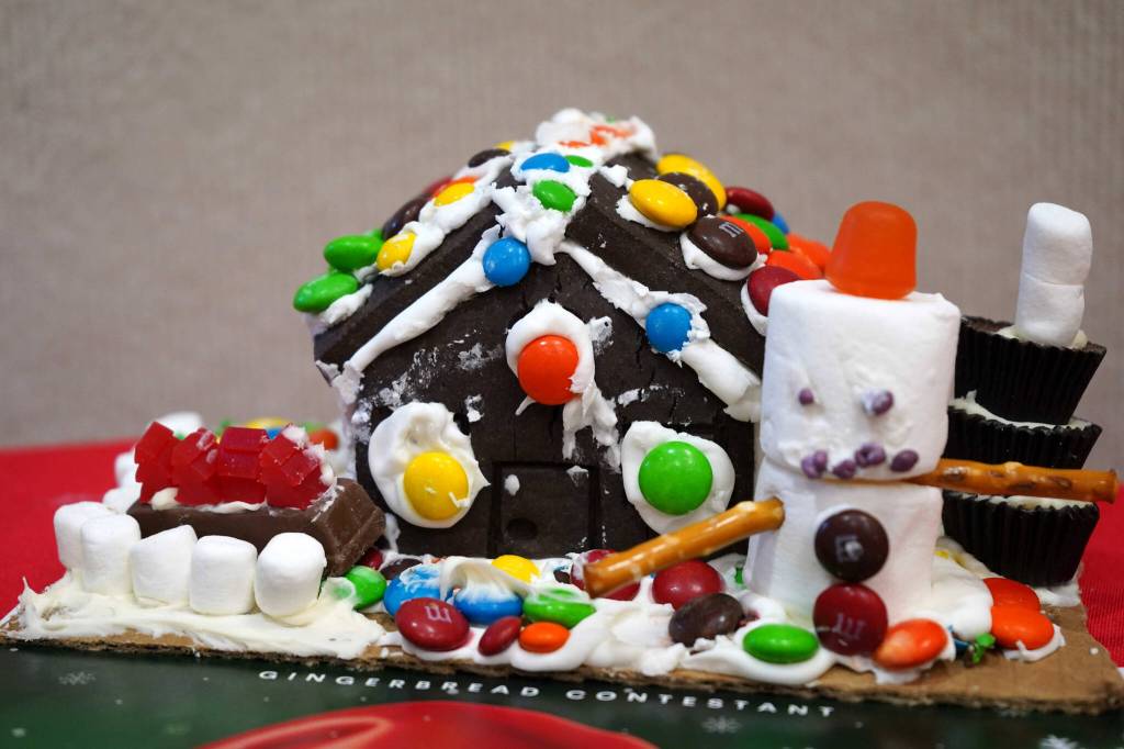 A gingerbread house constructed by Sierra, 3, is displayed in the Kenai Chamber of Commerces 12th Annual Gingerbread House Contest at the Kenai Chamber of Commerce and Visitor Center in Kenai, Alaska, on Wednesday, Nov. 20, 2024. (Jake Dye/Peninsula Clarion)