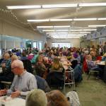 Every table is filled ahead of the Hilcorp Areawide Senior Thanksgiving Luncheon in the Kenai Senior Center banquet hall in Kenai, Alaska, on Friday, Nov. 22, 2024. (Jake Dye/Peninsula Clarion)