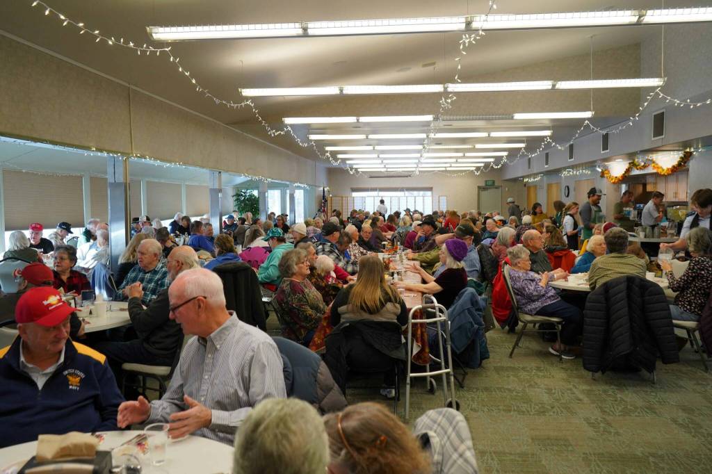 Every table is filled ahead of the Hilcorp Areawide Senior Thanksgiving Luncheon in the Kenai Senior Center banquet hall in Kenai, Alaska, on Friday, Nov. 22, 2024. (Jake Dye/Peninsula Clarion)