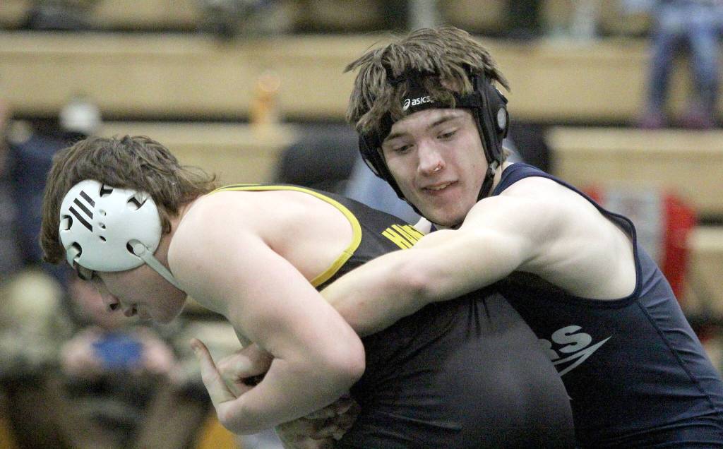 Soldotnas Ryan Buchanan maintains a hold of Quentin Halverson during the Colony Invitational on Saturday, Nov. 23, 2024, at Colony High School in Palmer. (Photo by Jeremiah Bartz/Frontiersman)