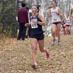 Soldotnas Annie Burns competes in the Division I girls race at the state cross-country running meet on Saturday, Oct. 5, 2024, at Bartlett High School in Anchorage, Alaska. (Photo by Jeff Helminiak/Peninsula Clarion)