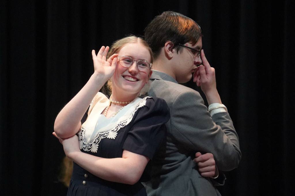The cast of Soldotna High Schools Grease rehearse in the Soldotna High School auditorium in Soldotna, Alaska, on Monday, Nov. 25, 2024. (Jake Dye/Peninsula Clarion)