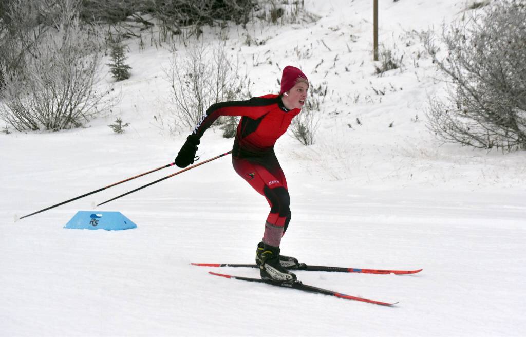 Kenai Centrals Fletcher Darr nears the finish of the boys varsity race of the Turkey Skate on Tuesday, Nov. 26, 2024, at Tsalteshi Trails just outside of Soldotna, Alaska. (Photo by Jeff Helminiak/Peninsula Clarion)