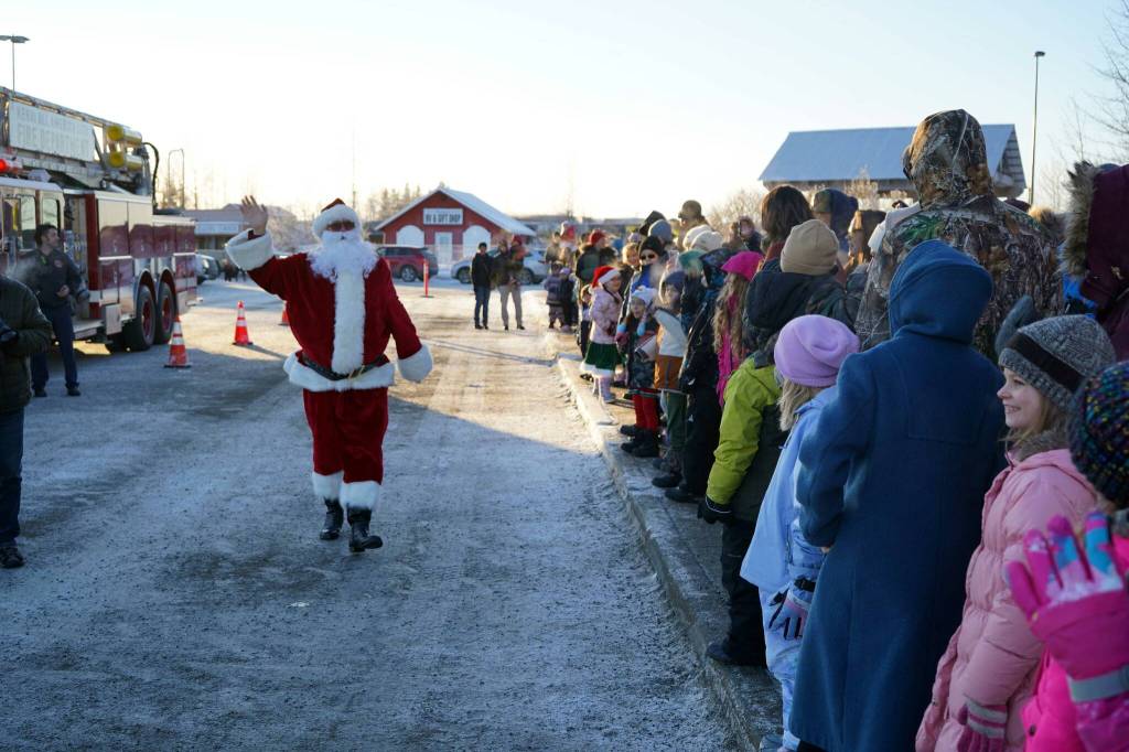 Santa Claus arrives to Christmas Comes to Kenai at the Kenai Chamber of Commerce and Visitor Center in Kenai, Alaska, on Friday, Nov. 29, 2024. (Jake Dye/Peninsula Clarion)