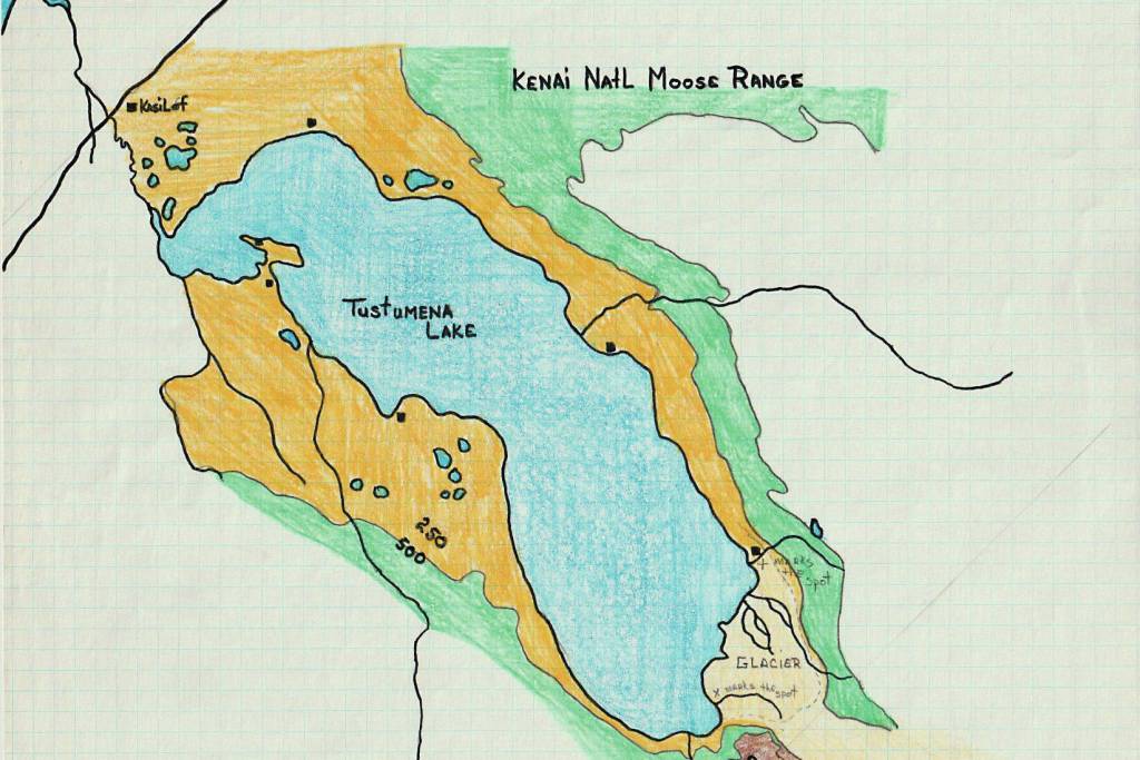 This map of Tustumena Lake was created in 1975 by John Dolph as he planned an Alaska adventureand delayed honeymoonfor himself and his wife Kerri. On the upper end of the lake, Dolph had penciled in two prospective camping sites. (Map courtesy of Kerri Copper)