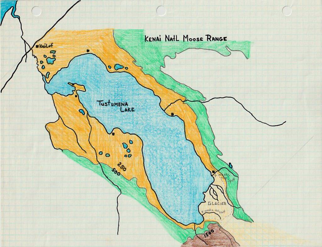 This map of Tustumena Lake was created in 1975 by John Dolph as he planned an Alaska adventureand delayed honeymoonfor himself and his wife Kerri. On the upper end of the lake, Dolph had penciled in two prospective camping sites. (Map courtesy of Kerri Copper)