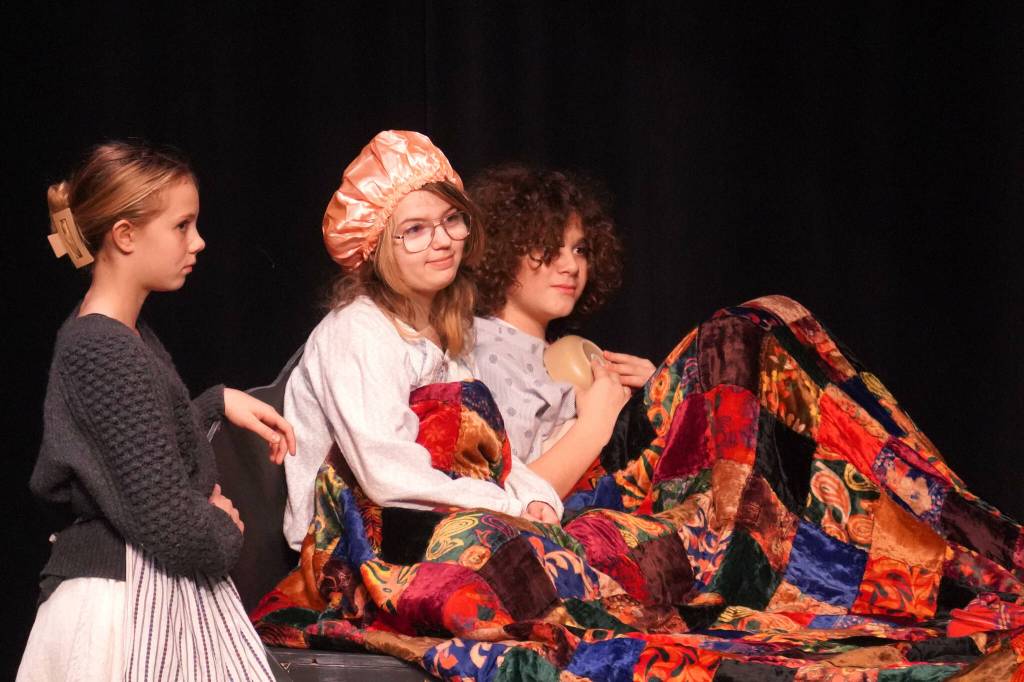 The cast of Nikiski Bulldog Theatres Willy Wonka Jr. rehearse at Nikiski Middle/High School on Tuesday, Dec. 3, 2024. (Jake Dye/Peninsula Clarion)