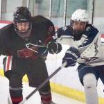 Juneau-Douglas senior Ike Puustinen (16) works for a puck against Soldotna's Eli Settlemyer (28) during a 4-3 Crimson Bears loss to the visiting Stars at Treadwell Ice Arena in Juneau, Alaska, on Friday, Dec. 13, 2024. (Klas Stolpe / Juneau Empire)