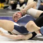 Soldotnaճ Mia Hannevold battles Colonyճ Hayden VanderPool during the girls 114-pound final of the Northern Lights Conference Championships Saturday, Dec. 14, 2024, at Palmer High School in Palmer, Alaska. (Photo by Jeremiah Bartz/Frontiersman)