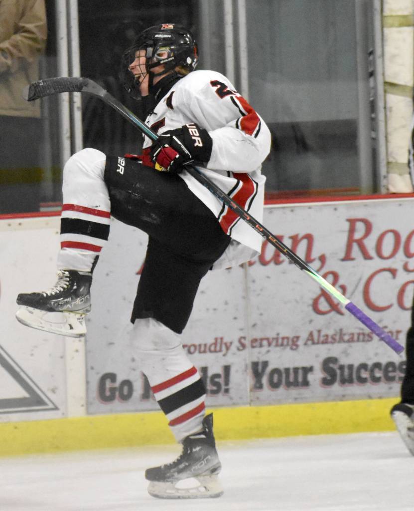 Kenai Central's Avery Martin celebrates a goal against Soldotna on Tuesday, Dec. 17, 2024, at the Kenai Multi-Purpose Facility in Kenai, Alaska. (Photo by Jeff Helminiak/Peninsula Clarion)