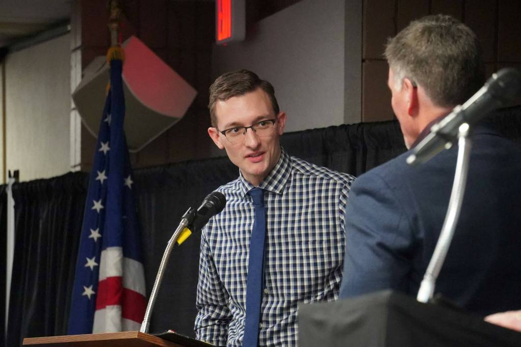 Jordan Chilson receives the Government and Civics Affairs Award during the 65th Annual Soldotna Chamber Awards Celebration at the Soldotna Regional Sports Complex in Soldotna, Alaska, on Wednesday, Dec. 18, 2024. (Jake Dye/Peninsula Clarion)