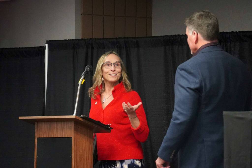 Renee Rybak receives the Excellence in Professionalism Award during the 65th Annual Soldotna Chamber Awards Celebration at the Soldotna Regional Sports Complex in Soldotna, Alaska, on Wednesday, Dec. 18, 2024. (Jake Dye/Peninsula Clarion)