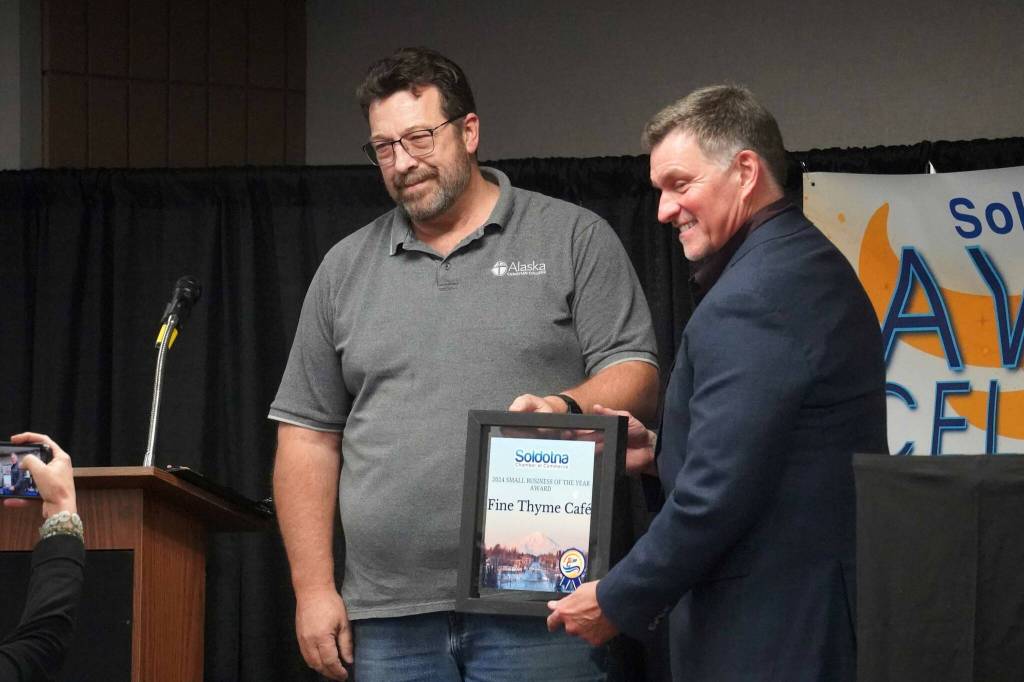 Fine Thyme Cafe is recognized Small Business of the Year during the 65th Annual Soldotna Chamber Awards Celebration at the Soldotna Regional Sports Complex in Soldotna, Alaska, on Wednesday, Dec. 18, 2024. (Jake Dye/Peninsula Clarion)