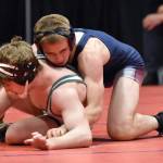 Soldotnas Michael Dickinson wrestles to a 10-1 major decision against Colonys Tristen Mayer in the final at 152 pounds at the Division I state wrestling tournament Saturday, Dec. 21, 2024, at the Alaska Airlines Center in Anchorage, Alaska. (Photo by Jeff Helminiak/Peninsula Clarion)