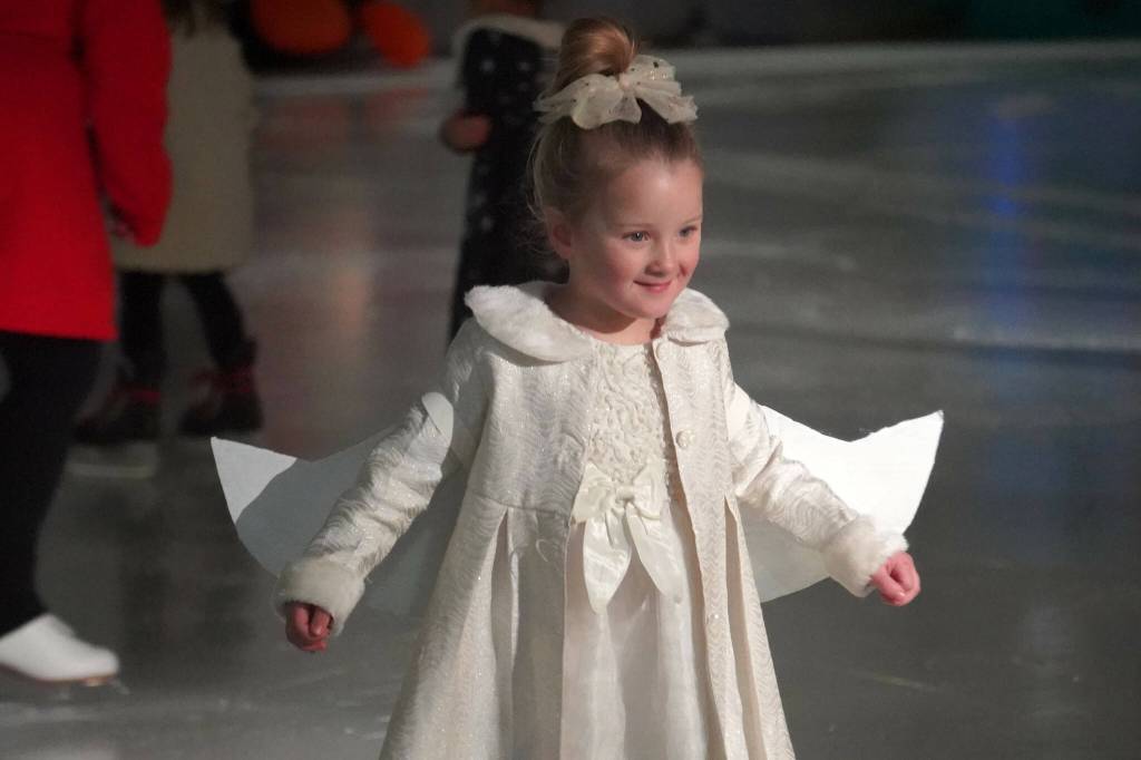 The Tuesday Night Tots perform One Little Christmas Tree during the 23rd Annual Christmas Lights and Holiday Nights Skating Recital at the Soldotna Regional Sports Complex in Soldotna, Alaska, on Saturday, Dec. 21, 2024. (Jake Dye/Peninsula Clarion)