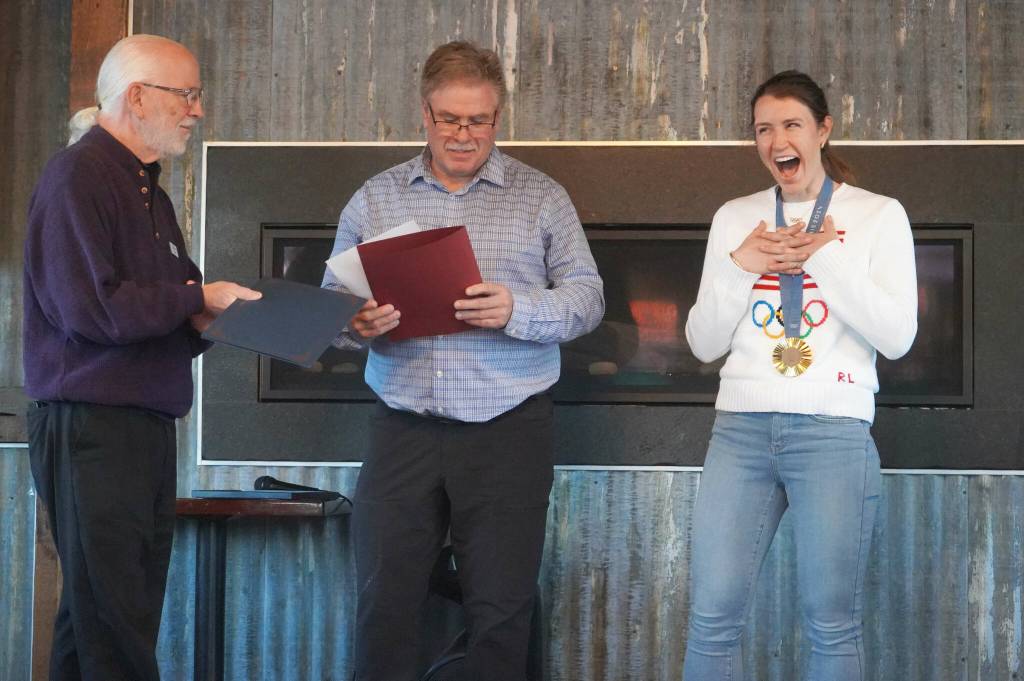 Soldotna Mayor Paul Whitney and Kenai Mayor Brian Gabriel proclaim Dec. 28, 2024, as Kristen Faulkner Day in Soldotna and Kenai, in recognition of Kristen Faulkners two gold medal wins at the Paris 2024 Olympics during a meet and greet hosted by the Kenai and Soldotna chambers of commerce at the Cannery Lodge in Kenai, Alaska, on Saturday, Dec. 28, 2024. (Jake Dye/Peninsula Clarion)