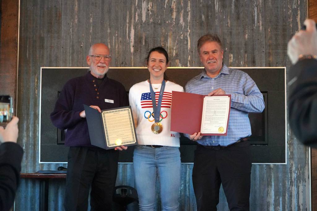 Soldotna Mayor Paul Whitney and Kenai Mayor Brian Gabriel proclaim Dec. 28, 2024, as Kristen Faulkner Day in Soldotna and Kenai, in recognition of Kristen Faulkners two gold medal wins at the Paris 2024 Olympics during a meet and greet hosted by the Kenai and Soldotna chambers of commerce at the Cannery Lodge in Kenai, Alaska, on Saturday, Dec. 28, 2024. (Jake Dye/Peninsula Clarion)