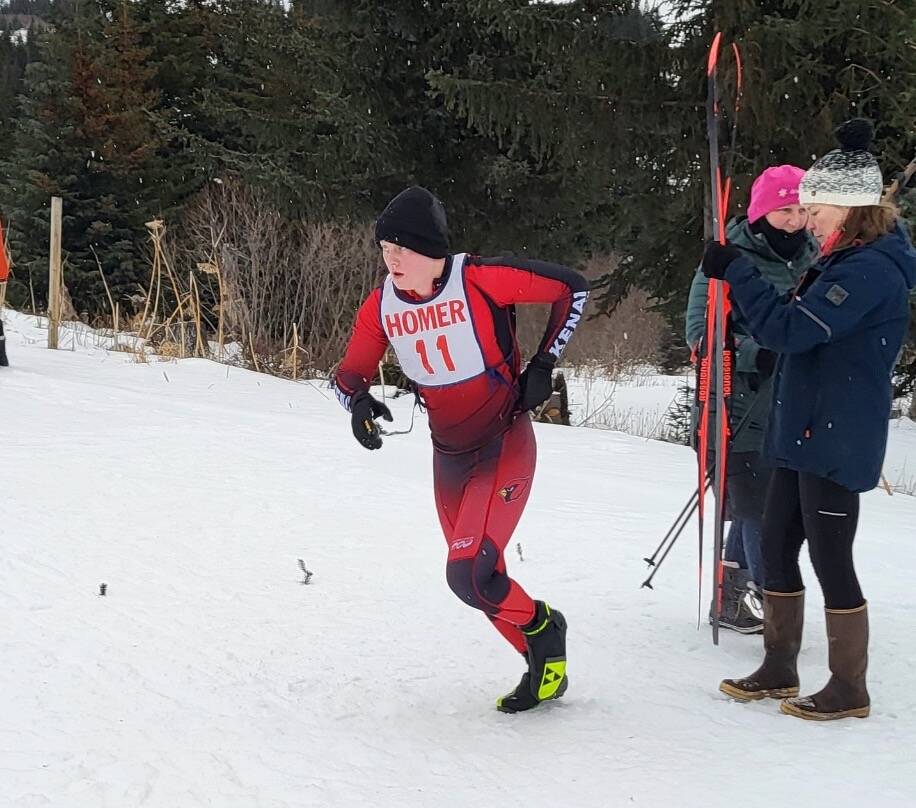 Kenai Centrals Logan Cartwright runs to his classic gear at the Homer Skiathlon on Friday, Jan 3, 2025, at Ohlson Mountain just outside of Homer, Alaska. (Photo provided)