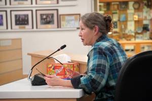 Patricia Bouton speaks in opposition to a proposed ordinance to modify public comment to the Kenai Peninsula Borough Assembly during their meeting in Soldotna, Alaska, on Tuesday, Jan. 7, 2024. (Jake Dye/Peninsula Clarion)