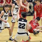 Kenai Centrals Miles Metteer whips a pass to the corner against Nikiski on Thursday, Jan. 9, 2025, at Nikiski Middle-High School in Nikiski, Alaska. (Photo by Jeff Helminiak/Peninsula Clarion)