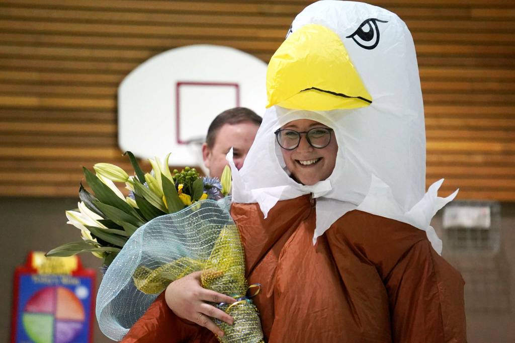 Aubrie Ellis is named National Outstanding Assistant Principal of 2025 by the Alaska Association of Elementary School Principals at Mountain View Elementary School in Kenai, Alaska, on Friday, Jan. 10, 2025. (Jake Dye/Peninsula Clarion)