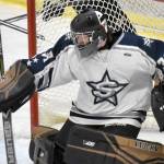 Soldotna goalie Brycen Clyde turns aside a shot Friday, Jan. 10, 2025, at the Soldotna Regional Sports Complex in Soldotna, Alaska. (Photo by Jeff Helminiak/Peninsula Clarion)
