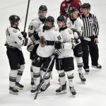 Sam Anderson (15) of the Kenai River Brown Bears celebrates his first goal in the North American Hockey League on Saturday, Jan. 11, 2025, at the Soldotna Regional Sports Complex in Soldotna, Alaska. (Photo by Jeff Helminiak/Peninsula Clarion)