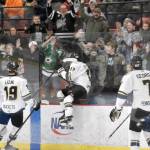 Colten Nestler of the Kenai River Brown Bears celebrates his goal Saturday, Jan. 11, 2025, at the Soldotna Regional Sports Complex in Soldotna, Alaska. (Photo by Jeff Helminiak/Peninsula Clarion)