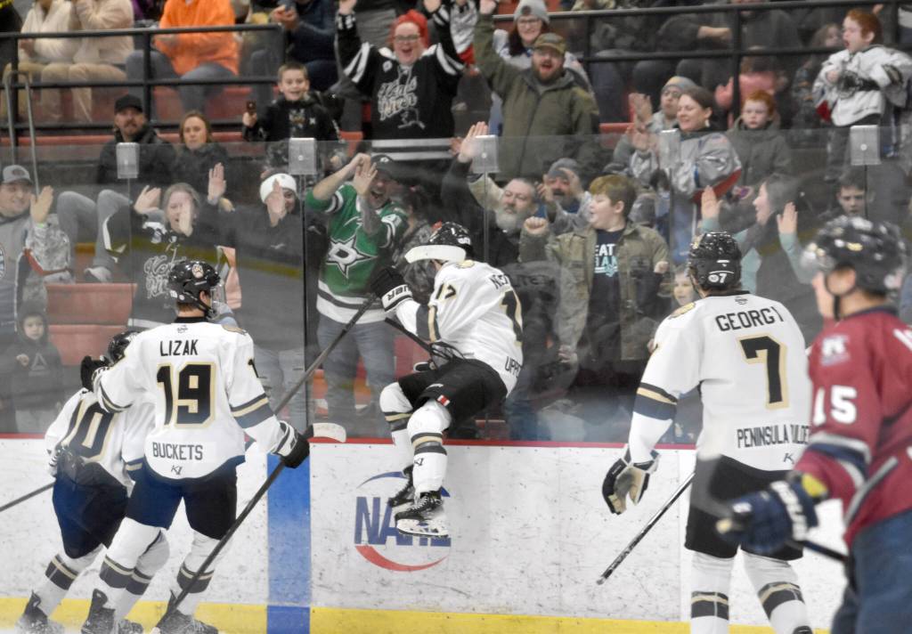 Colten Nestler of the Kenai River Brown Bears celebrates his goal Saturday, Jan. 11, 2025, at the Soldotna Regional Sports Complex in Soldotna, Alaska. (Photo by Jeff Helminiak/Peninsula Clarion)