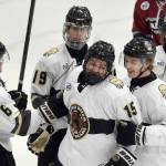 Sam Anderson (15) of the Kenai River Brown Bears celebrates his first goal in the North American Hockey League on Saturday, Jan. 11, 2025, at the Soldotna Regional Sports Complex in Soldotna, Alaska. (Photo by Jeff Helminiak/Peninsula Clarion)