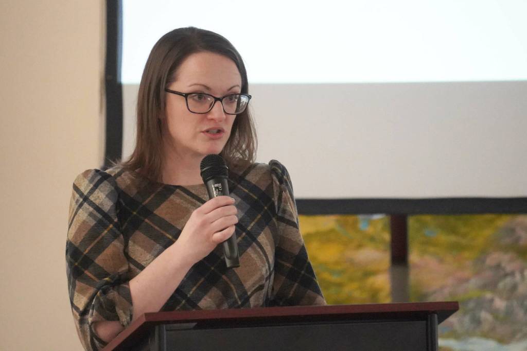 Kenai Cultural Center Coordinator Danielle Lopez Stamm speaks during the grand reopening of the cultural center at the Kenai Chamber of Commerce and Visitor Center in Kenai, Alaska, on Wednesday, Jan. 15, 2025. (Jake Dye/Peninsula Clarion)