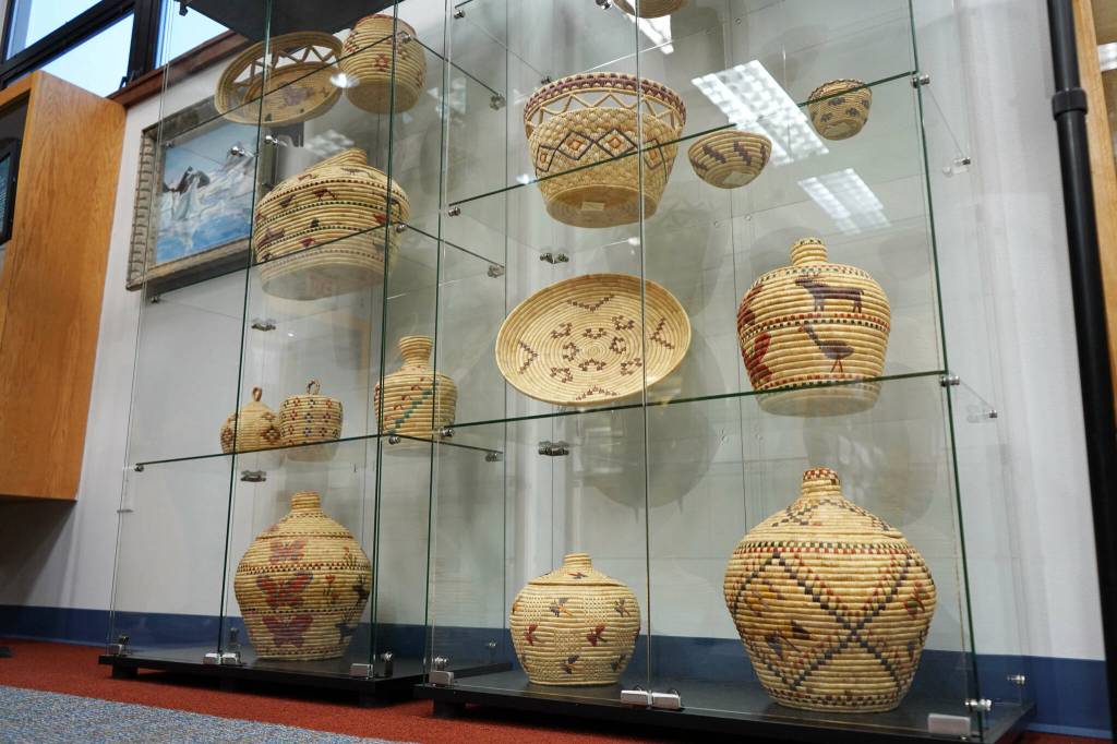 Baskets are on display during the grand reopening of the cultural center at the Kenai Chamber of Commerce and Visitor Center in Kenai, Alaska, on Wednesday, Jan. 15, 2025. (Jake Dye/Peninsula Clarion)