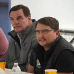 Kenai Vice Mayor Henry Knackstedt and Kenaitze Tribal Council Treasurer Wayne D. Wilson Jr. participate in a joint work session of the Kenai City Council and Kenaitze Tribal Council in Kenai, Alaska, on Thursday, Jan. 16, 2025. (Jake Dye/Peninsula Clarion)