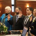 From left: Alaska House Reps. Louise Stutes, R-Kodiak; Bill Elam, R-Nikiski; Justin Ruffridge, R-Soldotna; and Sarah Vance, R-Homer; take the oath of office at the Alaska Capitol on Tuesday, Jan. 21, 2025, in Juneau, Alaska. (Photo by Mark Sabbatini/Juneau Empire)