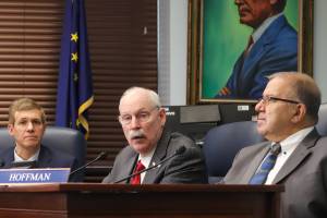 Senators Bill Wielechowski (D-Anchorage), Bert Stedman (R-Sitka), and Lyman Hoffman (D-Bethel) discuss key priorities for the Senate Majority Caucus on Tuesday morning at the Alaska State Capitol. (Jasz Garrett / Juneau Empire)