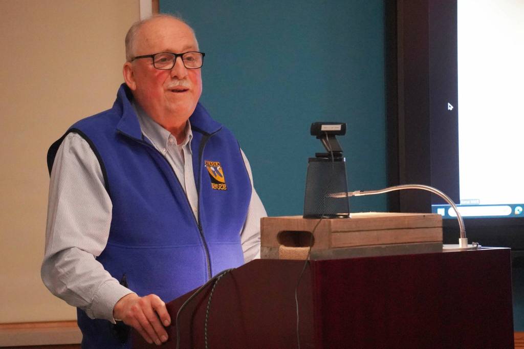 Retiring Kenai National Wildlife Refuge Manager Andy Loranger speaks on his career during a retirement event at the Kenai National Wildlife Refuge Visitor Center near Soldotna, Alaska, on Tuesday, Jan. 21, 2025. (Jake Dye/Peninsula Clarion)