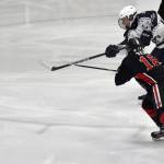Soldotnas Marshall DeRaeve fires past Kenai Centrals Sawyer Vann for a goal Thursday, Jan. 30, 2025, at the Soldotna Regional Sports Complex in Soldotna, Alaska. (Photo by Jeff Helminiak/Peninsula Clarion)