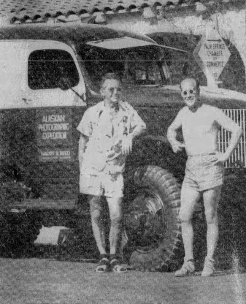 This photograph of Keith McCullagh (left) and photographer Harry Reed in Palm Springs, California, accompanied an article in the Desert Sun in May 1946 describing the pairs upcoming Alaska Photographic Expedition.
