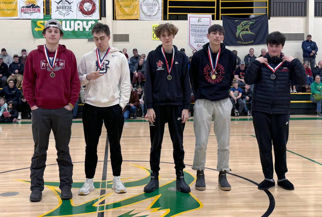 Kenai and Seward were represented on the all-tournament team at the Seahawk Classic by Emerson Cross, Talon Lemme, Caleb Litke, Miles Metteer and Reid Titus. (Photo provided)