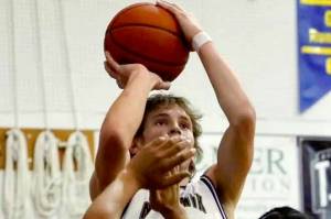 Ninilchik's Kade McCorison puts up a shot against Nanwalek on Saturday, Feb. 1, 2025, at Ninilchik School in Ninilchik, Alaska. (Photo provided by Robin Moore)