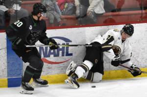 Ryan DeAngelis of the Minnesota Wilderness and Dario Lass of the Kenai River Brown Bears battle for the puck Saturday, Feb. 1, 2025, at the Soldotna Regional Sports Complex in Soldotna, Alaska. (Photo by Jeff Helminiak/Peninsula Clarion)