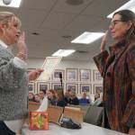 Borough Clerk Michele Turner administers an oath of office to Leslie Morton after Morton was appointed as the new Kenai Peninsula Borough Assembly representative for Sterling and Funny River during an assembly meeting in Soldotna, Alaska, on Tuesday, Feb. 4, 2025. (Jake Dye/Peninsula Clarion)
