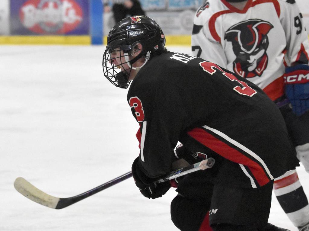 Kenai Centrals Logan Mese reacts after scoring the only goal of the game against North Pole at the First National Cup Division II state hockey tournament at the Soldotna Regional Sports Complex in Soldotna, Alaska, on Thursday, February 6, 2025. (Photo by Jeff Helminiak/Peninsula Clarion)