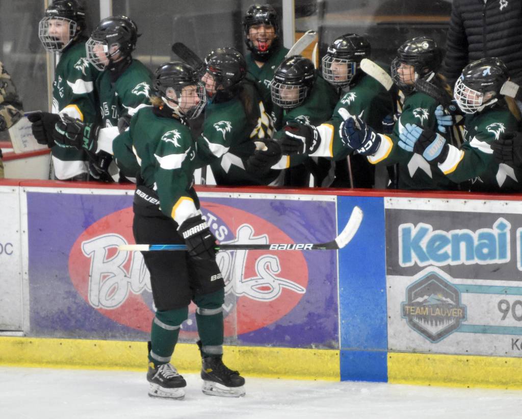 Deltas Gavin Smith celebrates a goal against Soldotna at the First National Cup Division II state hockey tournament at the Soldotna Regional Sports Complex in Soldotna, Alaska, on Thursday, February 6, 2025. (Photo by Jeff Helminiak/Peninsula Clarion)