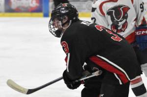 Kenai Central's Logan Mese reacts after scoring the only goal of the game against North Pole at the First National Cup Division II state hockey tournament at the Soldotna Regional Sports Complex in Soldotna, Alaska, on Thursday, February 6, 2025. (Photo by Jeff Helminiak/Peninsula Clarion)