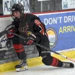 Kenai Centrals Avery Martin celebrates his goal Friday, Feb. 7, 2025, at the First National Cup Division II state hockey tournament at the Soldotna Regional Sports Complex in Soldotna, Alaska. (Photo by Jeff Helminiak/Peninsula Clarion)