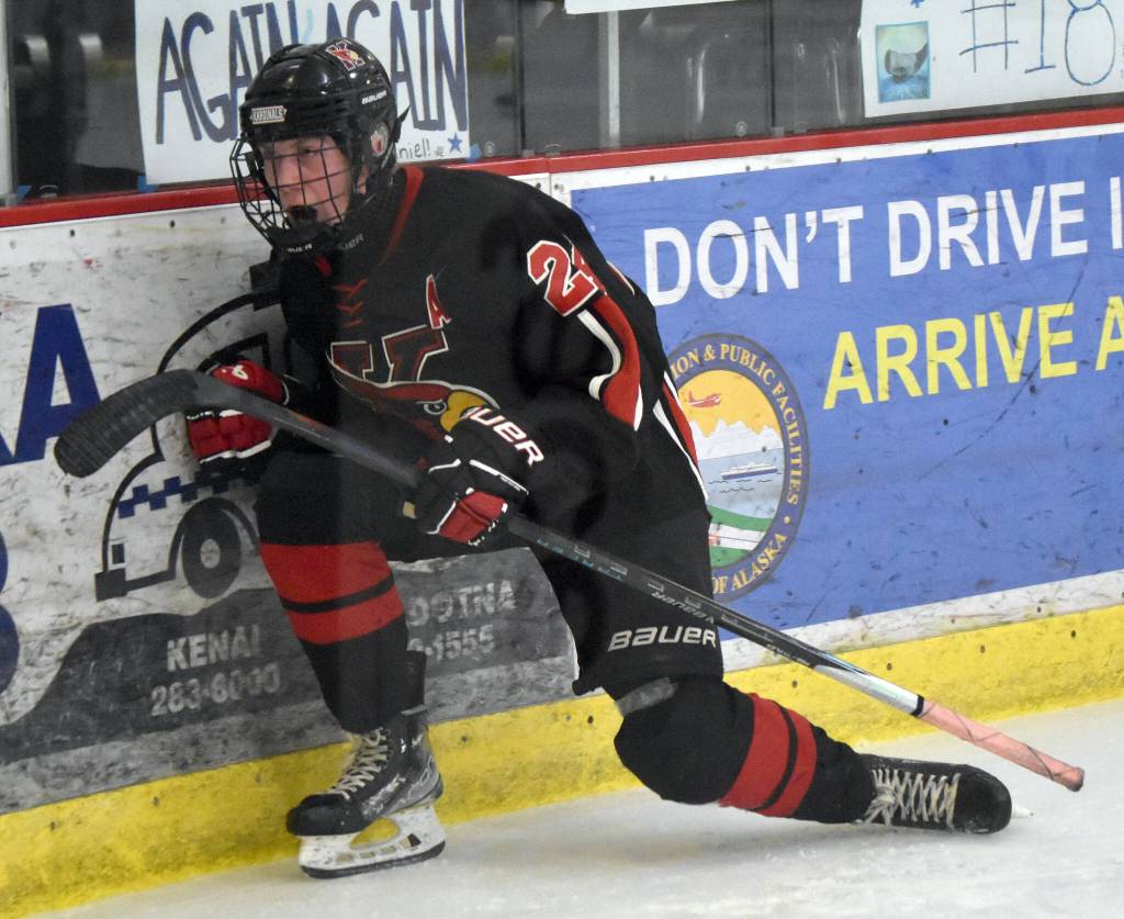 Kenai Centrals Avery Martin celebrates his goal Friday, Feb. 7, 2025, at the First National Cup Division II state hockey tournament at the Soldotna Regional Sports Complex in Soldotna, Alaska. (Photo by Jeff Helminiak/Peninsula Clarion)