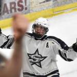 Soldotna's Noah Crabtree celebrates the game-winning goal in overtime Friday, Feb. 7, 2025, at the First National Cup Division II state hockey tournament at the Soldotna Regional Sports Complex in Soldotna, Alaska. (Photo by Jeff Helminiak/Peninsula Clarion)