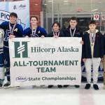The all-tournament team at the First National Cup Division II state hockey tournament Saturday, February 8, 2025, at the Soldotna Regional Sports Complex in Soldotna, Alaska. From left to right are Soldotnas Noah Crabtree, Palmers Kinan Greco, Soldotnas Daniel Heath, Palmers Elijah Von Gunten, Palmers Bryce Horacek, Kenais Logan Mese, Houstons Daniel Matveev, Houstons Zasim Konev, Juneau-Douglas Dylan Sowa, Kenais Evyn Witt and Juneau-Douglas Lucas Bovitz. (Photo by Jeff Helminiak/Peninsula Clarion)